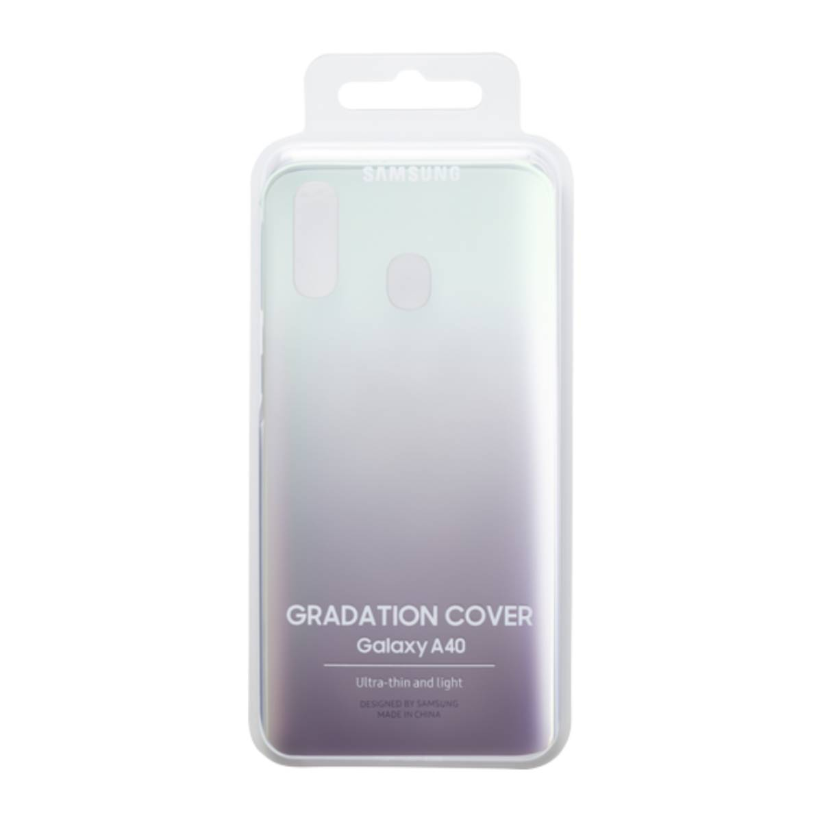 Een doorzichtige plastic verpakking met een Samsung Galaxy A40 gradatiecover, met het Samsung-logo bovenaan.