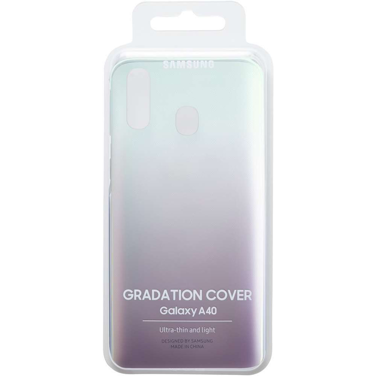 Een Samsung Galaxy A40 telefoonhoesje in een doorzichtige plastic verpakking. Het is verlopend en de verpakking heeft een hanger.