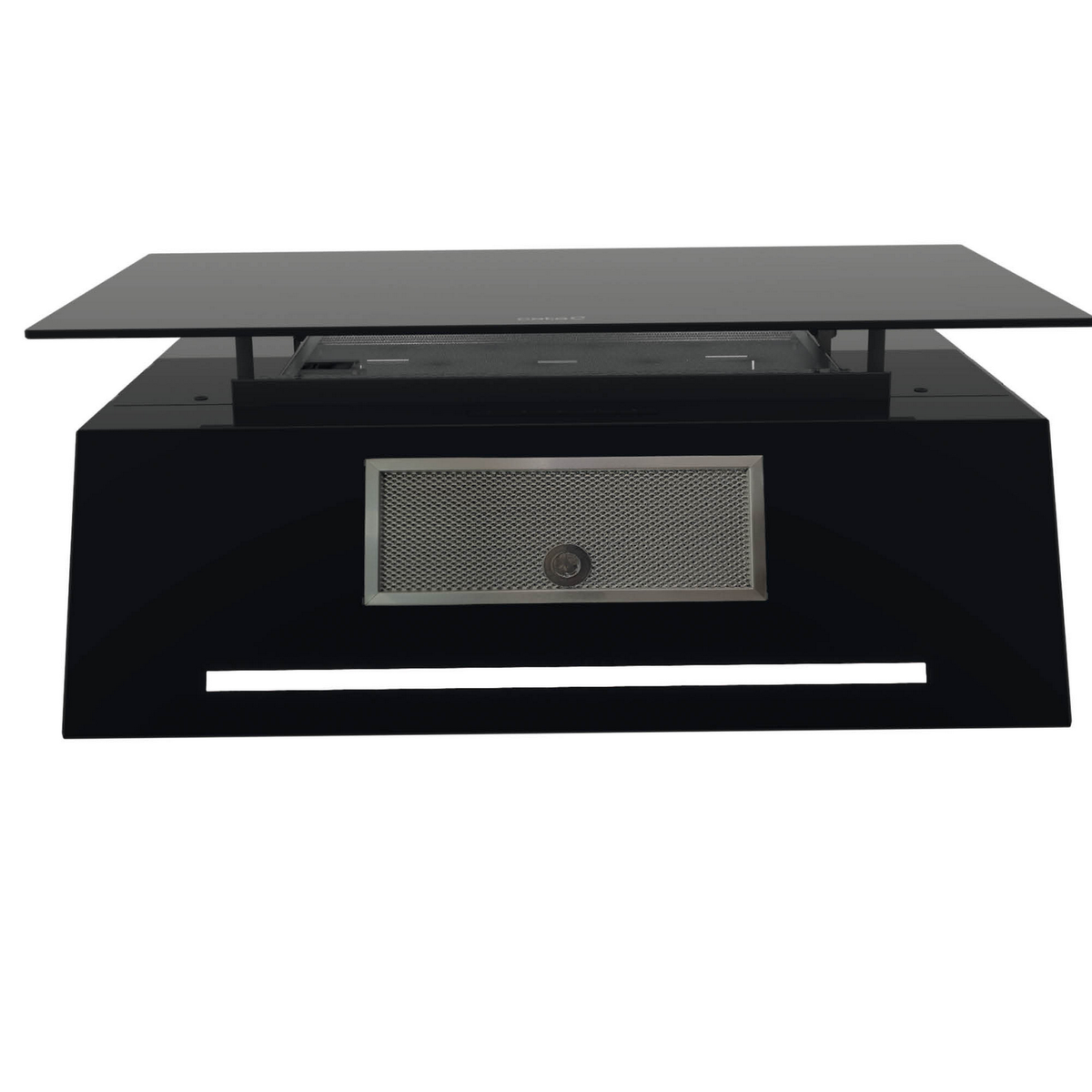 Una mesa de centro rectangular negra con tapa de cristal y detalle de malla metálica en el centro.