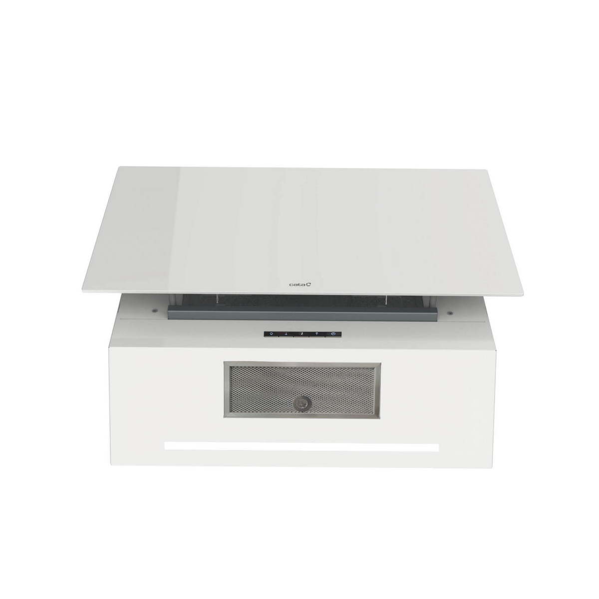 Una campana extractora blanca, con un panel de vidrio retráctil sobre una caja blanca.