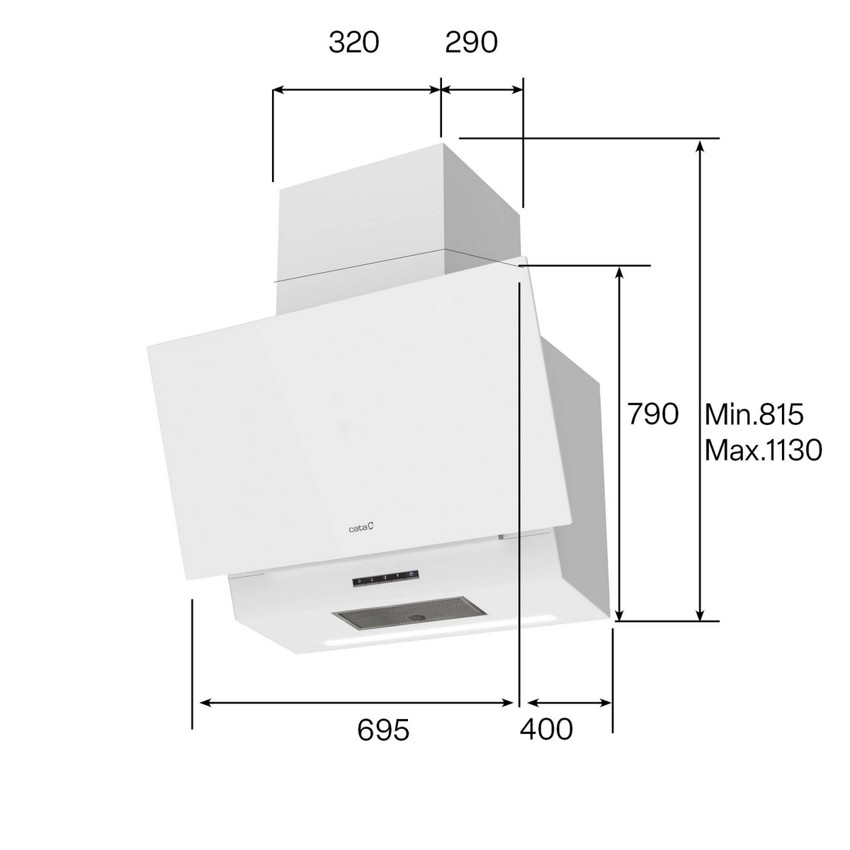 Una campana extractora blanca con dimensiones etiquetadas.