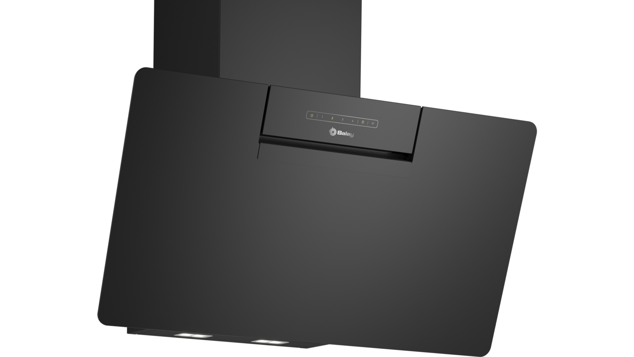 Cappa da cucina nera con pannello comandi. Design rettangolare e finitura nera.