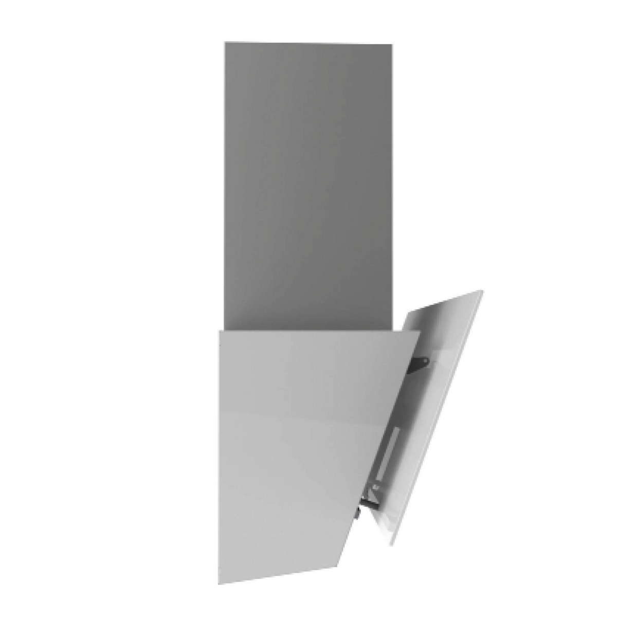 Una campana extractora blanca con un frente inclinado y una chimenea alta y rectangular.