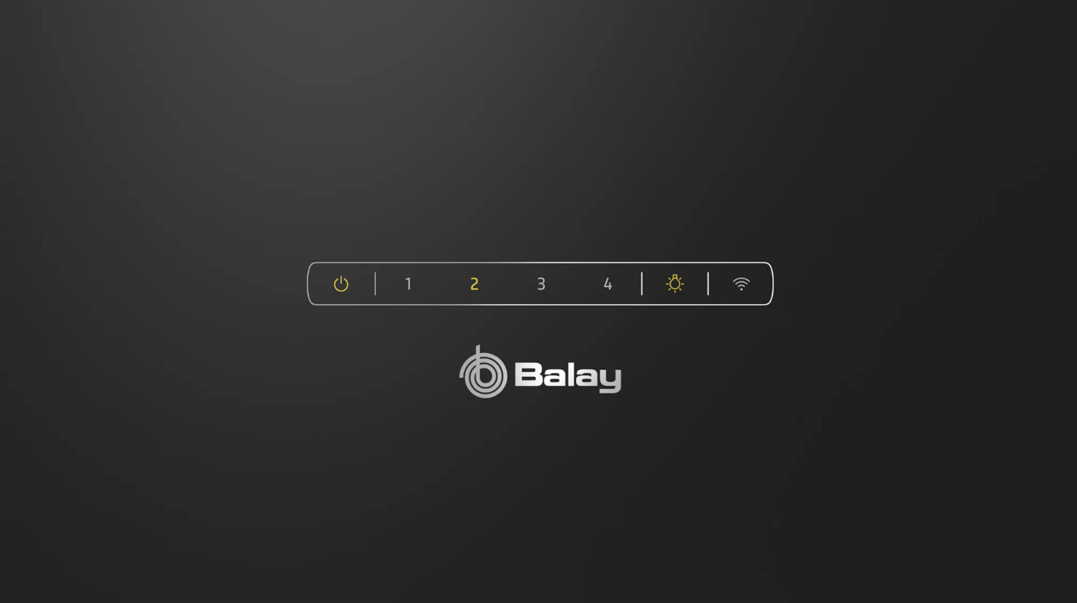Schermo nero con barra orizzontale bianca che mostra alimentazione, numeri, wifi e logo Balay.