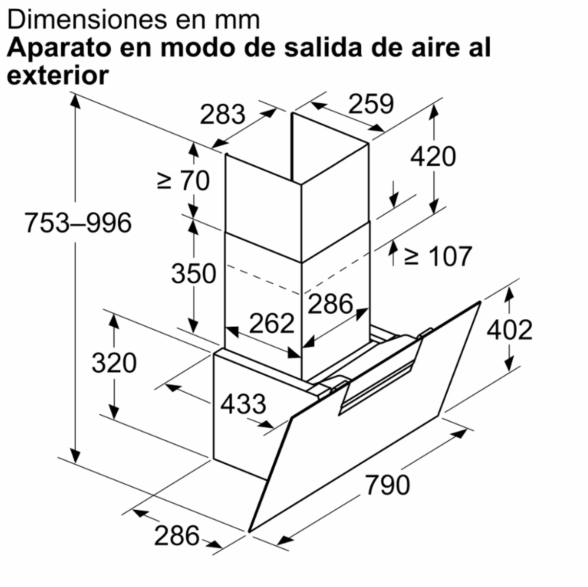 Disegno tecnico di una cappa aspirante, con dimensioni in millimetri.