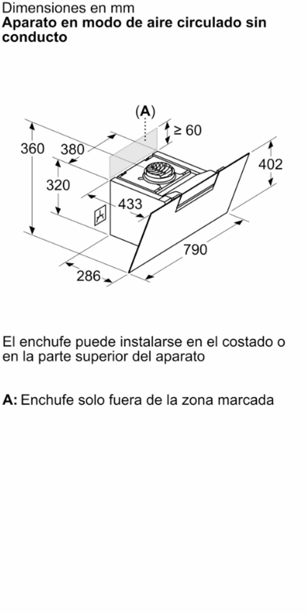 Diagramma di una cappa a ricircolo d'aria. Dimensioni ed etichette. Sfondo bianco.