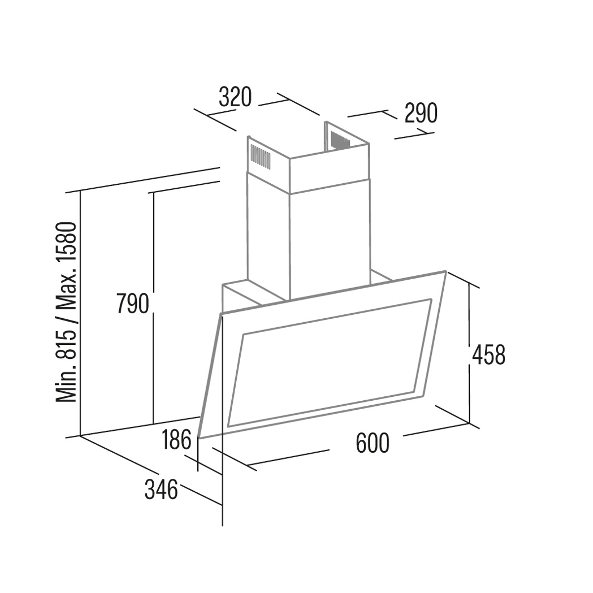 Un disegno tecnico di una cappa da cucina con dimensioni in mm, su sfondo bianco.