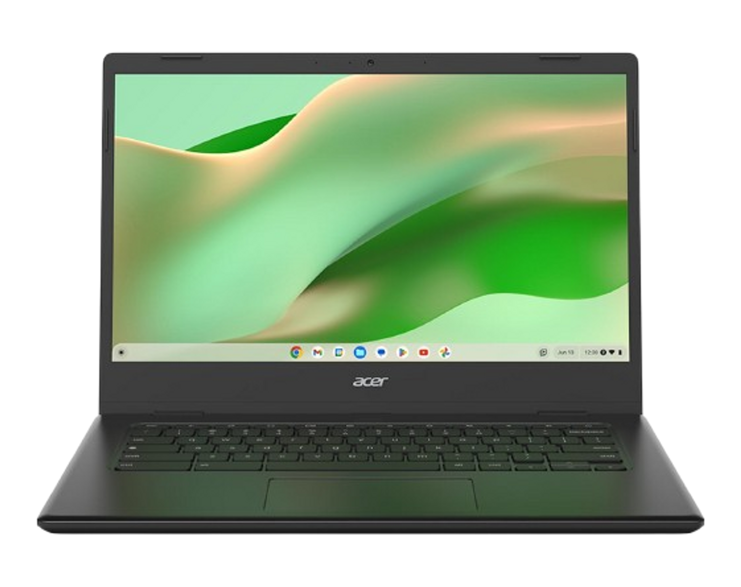 Una computadora portátil negra con teclado verde, abierta y mirando al espectador, sobre un fondo negro. La pantalla está encendida.