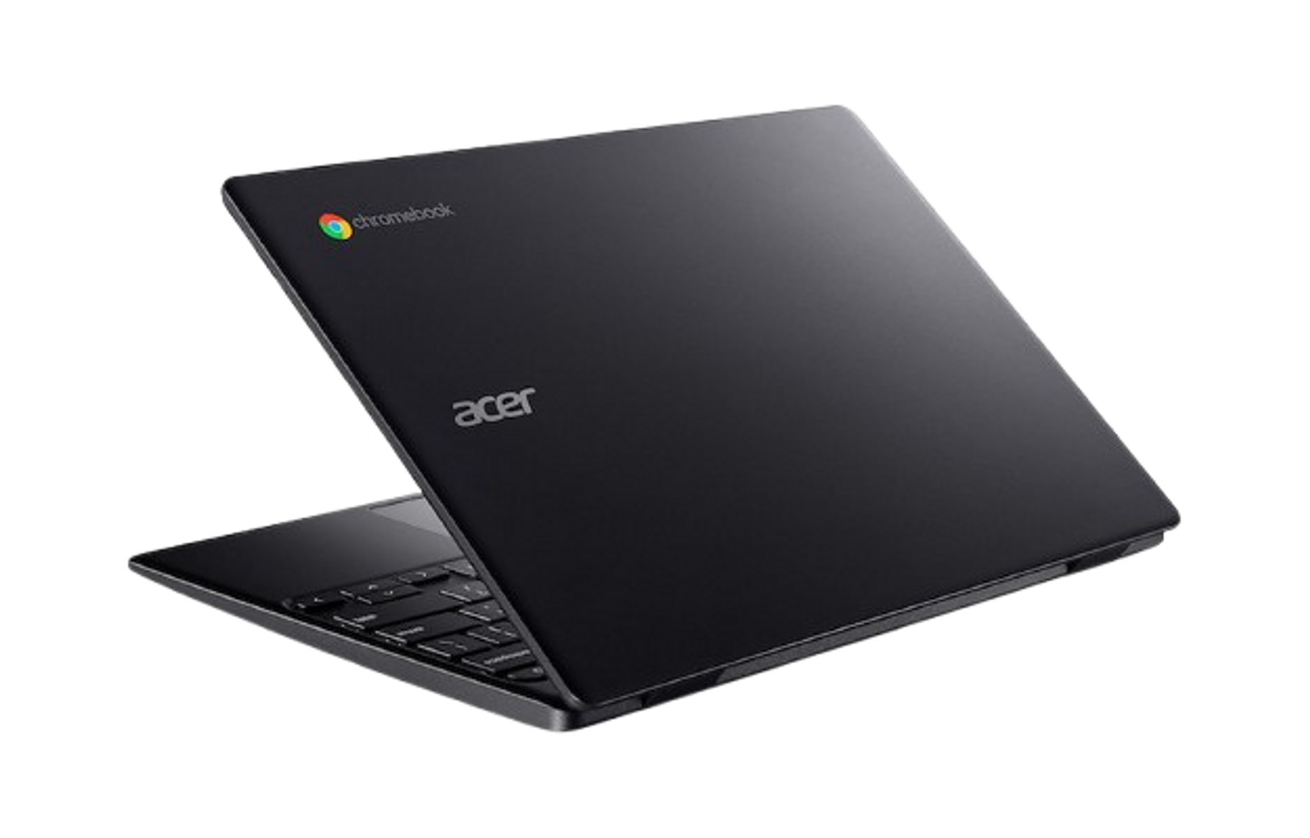 Portátil Acer Chromebook negro. Abierto, angulado, con el logo de Acer. Fondo negro.
