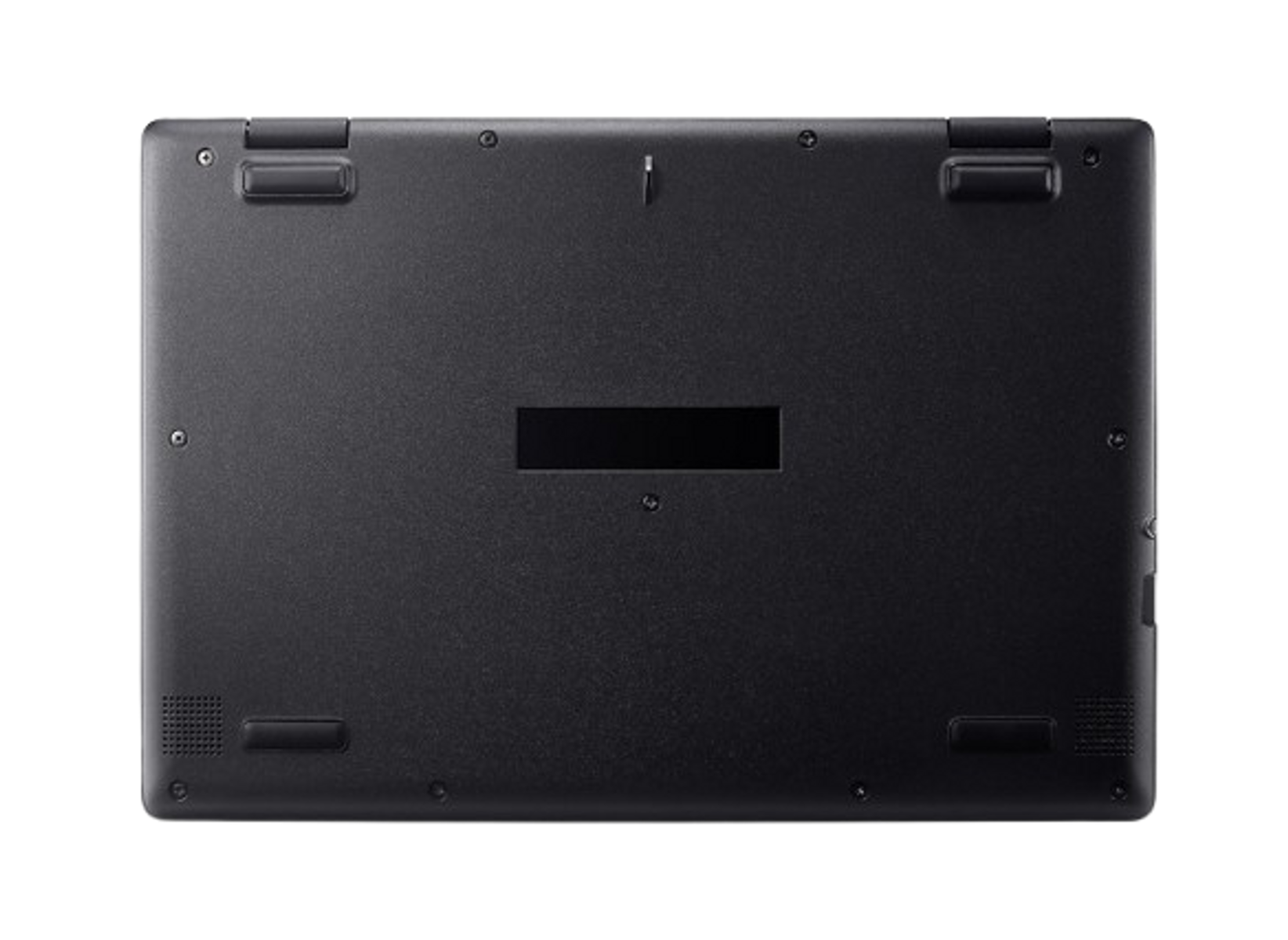 Parte inferior de portátil negro, con ventilación y tornillos. Recorte rectangular en el centro.