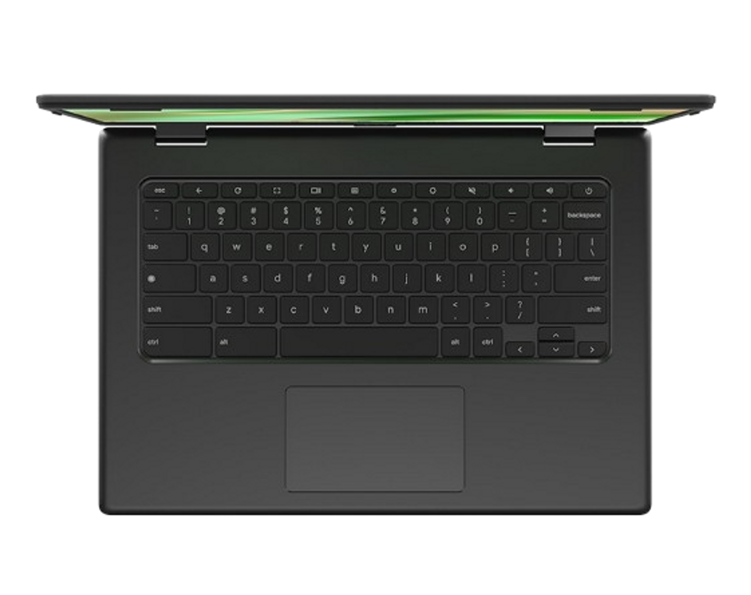 Vista superior del portátil, teclado y panel táctil negros, bisagra verde, marco negro.