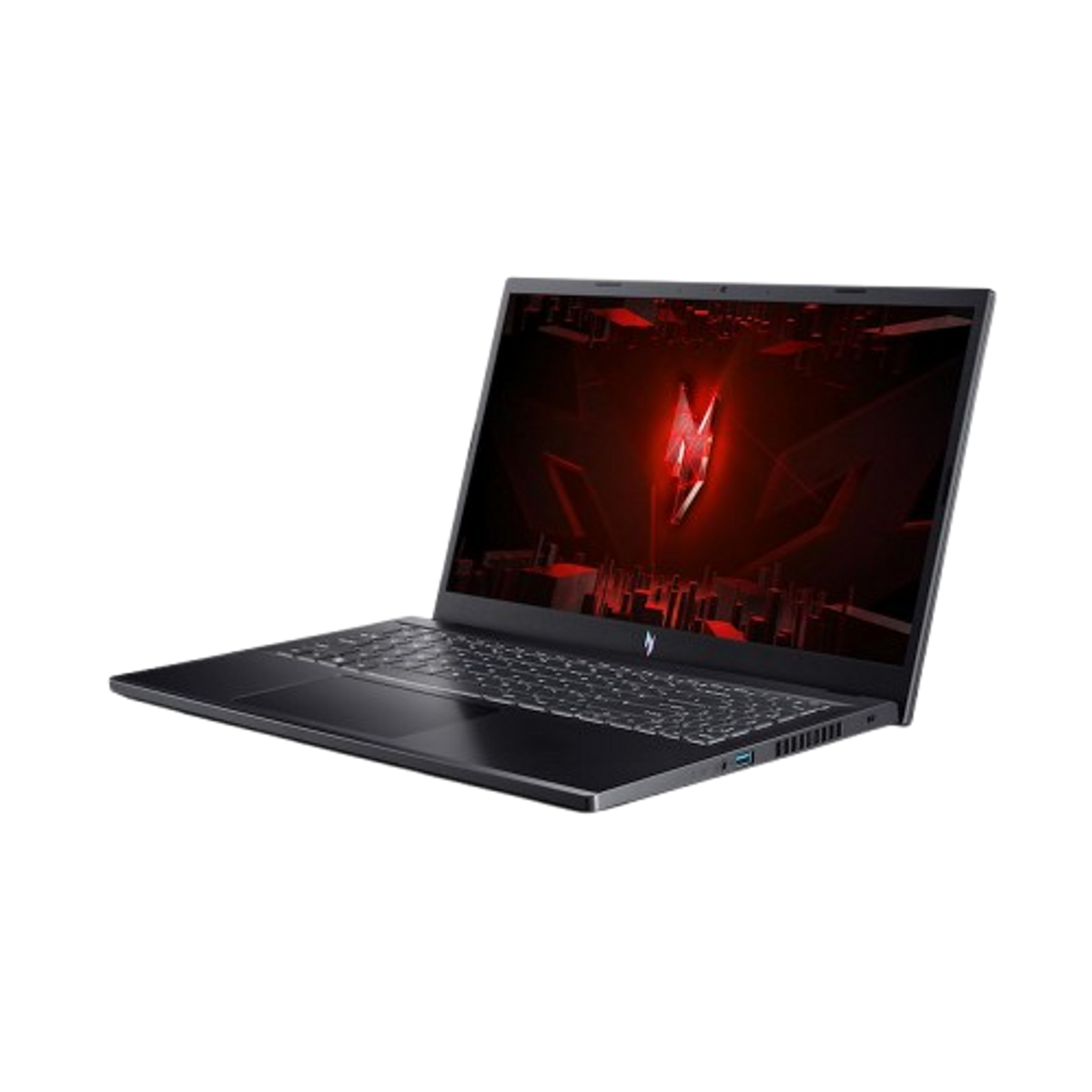Ordenador portátil negro sobre fondo oscuro. Pantalla muestra logo rojo con silueta urbana.