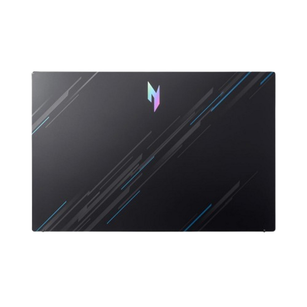 Parte trasera de laptop con superficie negra y elementos azules y blancos.