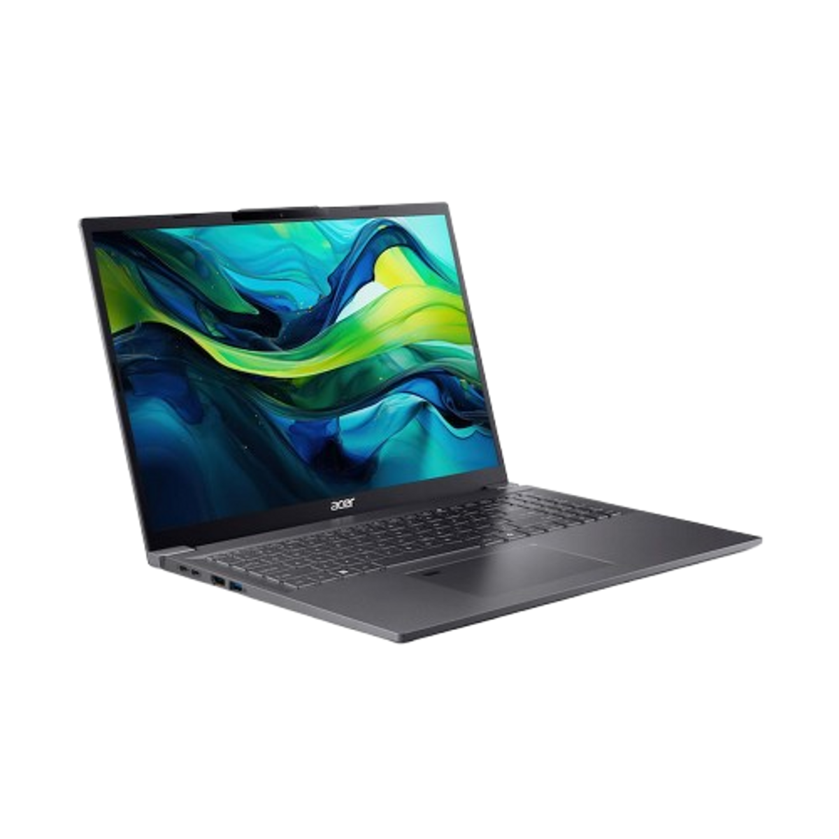 Una computadora portátil Acer abierta sobre una superficie oscura, con una pantalla colorida, inclinada hacia la derecha.