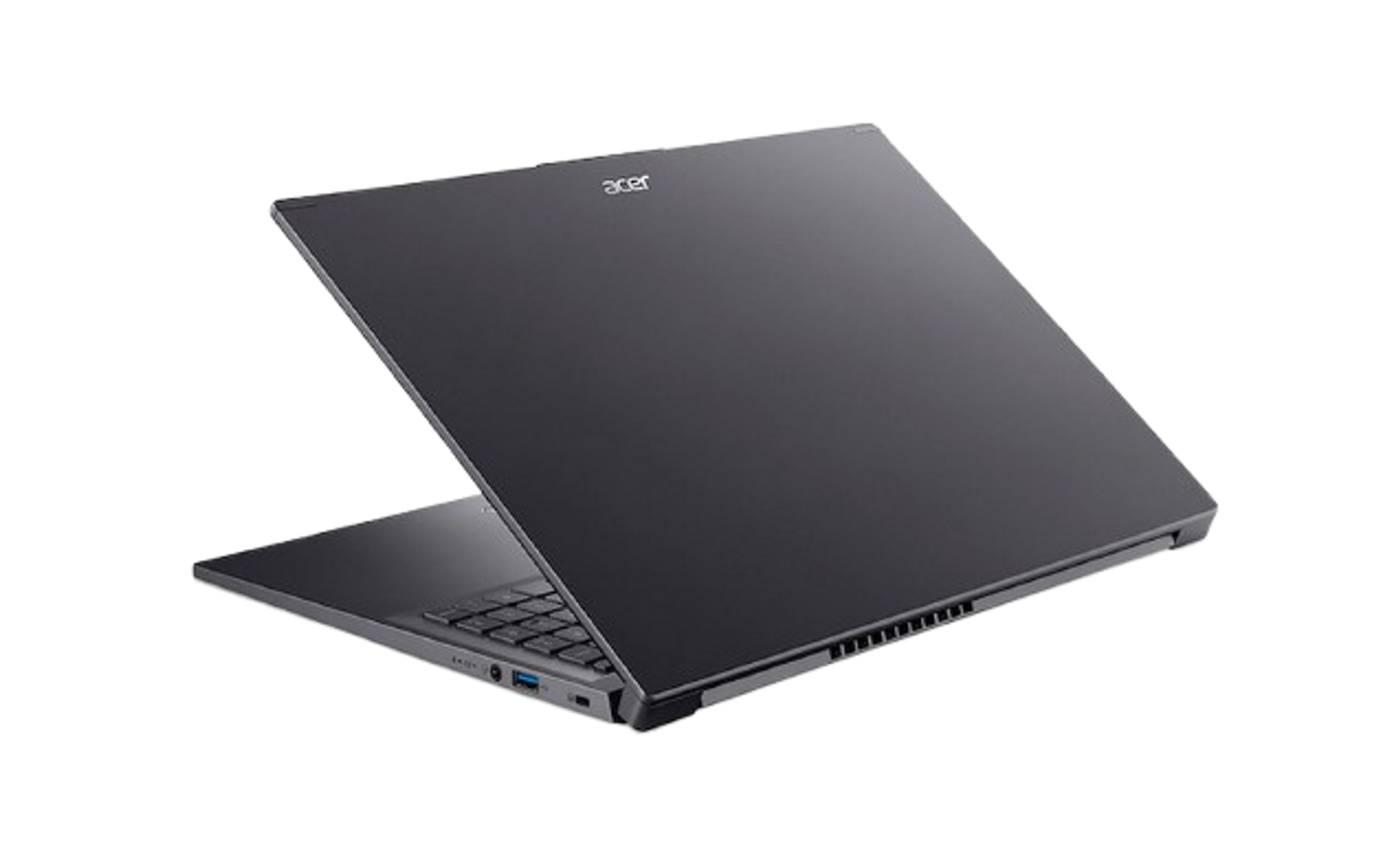 Portátil gris oscuro, abierto en ángulo. Logotipo de Acer en la tapa, fondo negro.