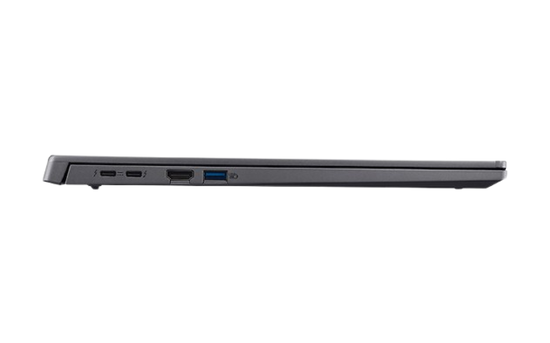 Una vista lateral de una laptop negra cerrada que muestra los puertos.