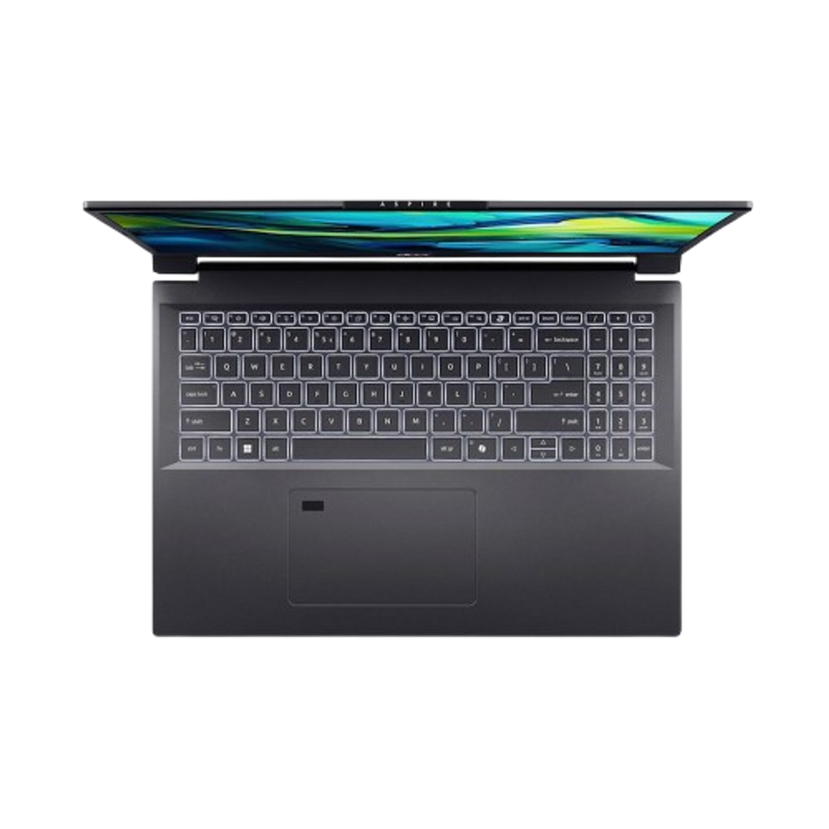 Portátil negro, vista superior, teclado iluminado con luces de colores.