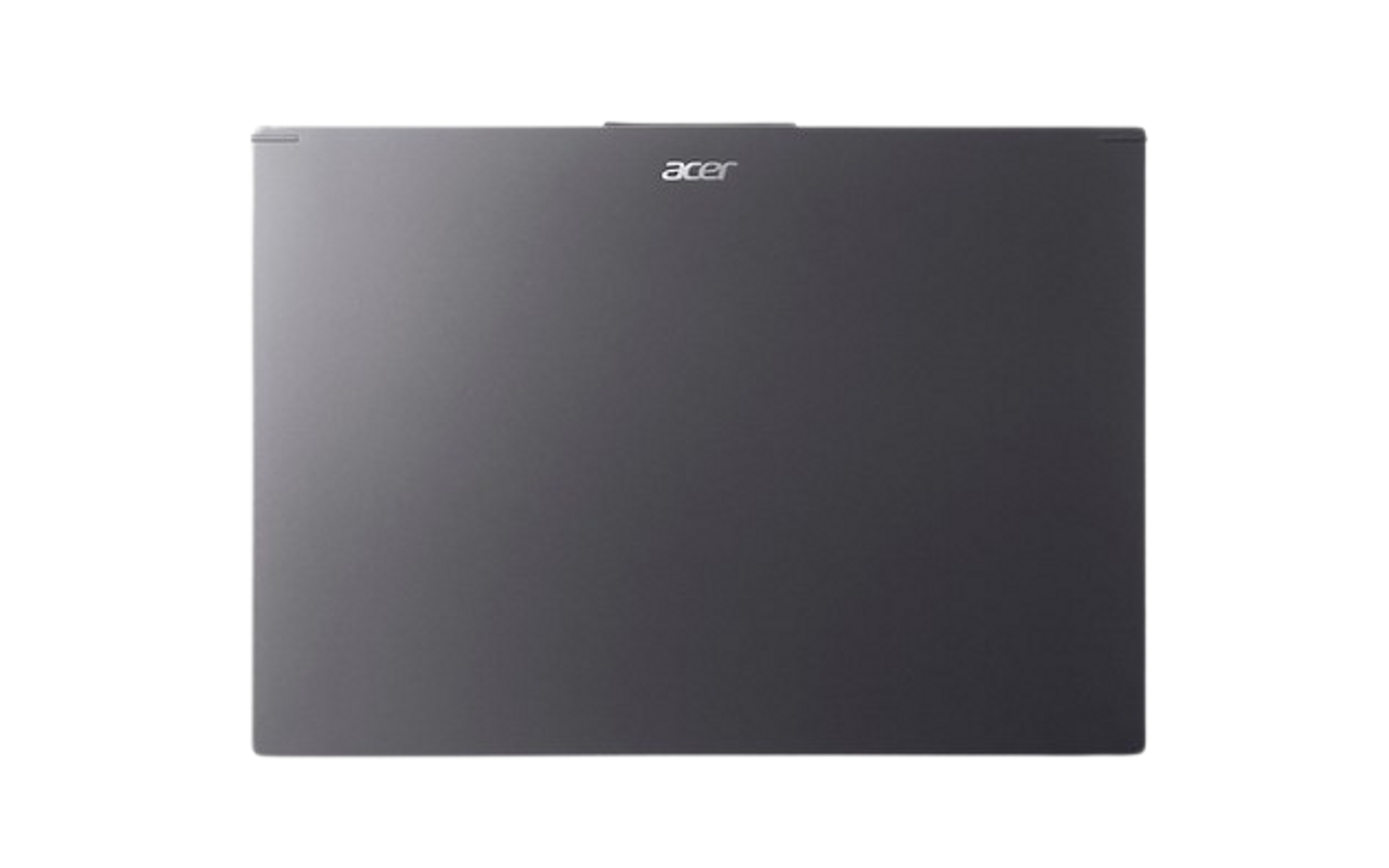 Portátil gris oscuro, la parte trasera del portátil. La marca Acer está en la parte superior del portátil.