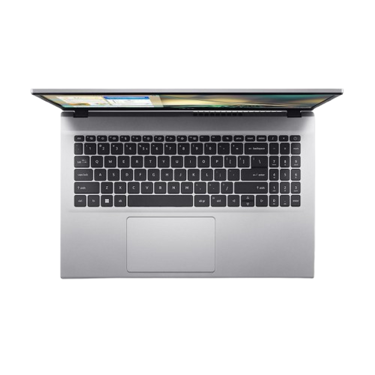 Laptop desde arriba con pantalla abierta. Se ve teclado y panel táctil abajo.