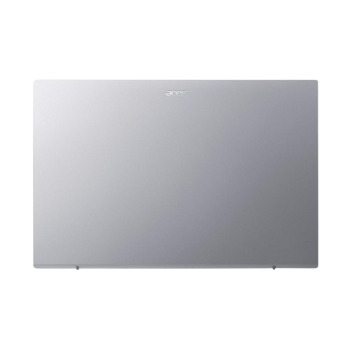 Un portátil Acer plateado desde arriba, sobre un fondo negro. El logotipo de Acer está en el centro superior.