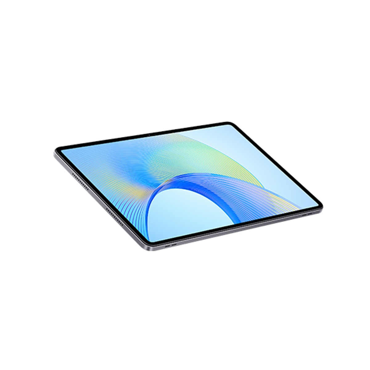 Un tablet, angolato, con un design astratto blu e verde sullo schermo, su sfondo bianco.