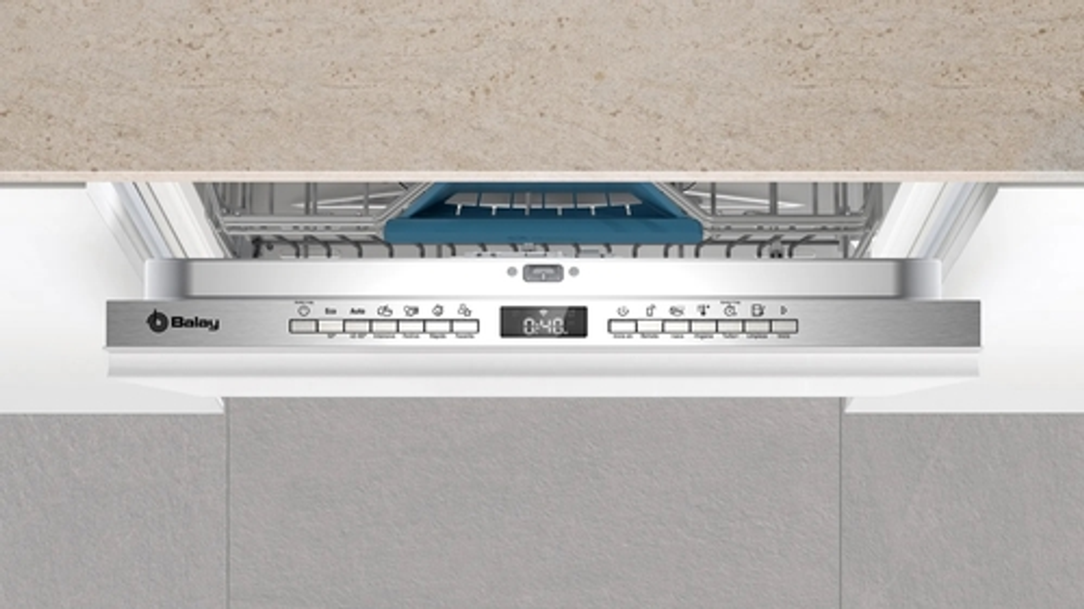 Widoczny wbudowany panel sterowania zmywarki. Panel jest srebrny z przyciskami.