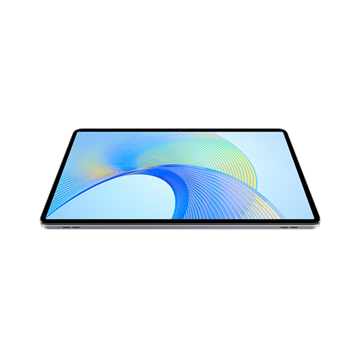 Un tablet argento, che mostra lo schermo. Lo schermo mostra un design colorato e curvo.