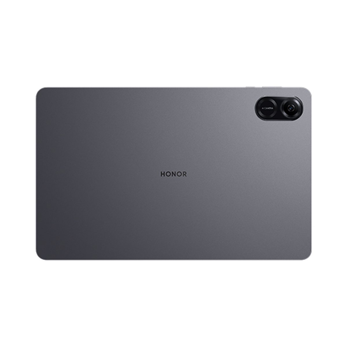 Un tablet grigio, vista posteriore, con fotocamera e HONOR stampato. Sfondo bianco.