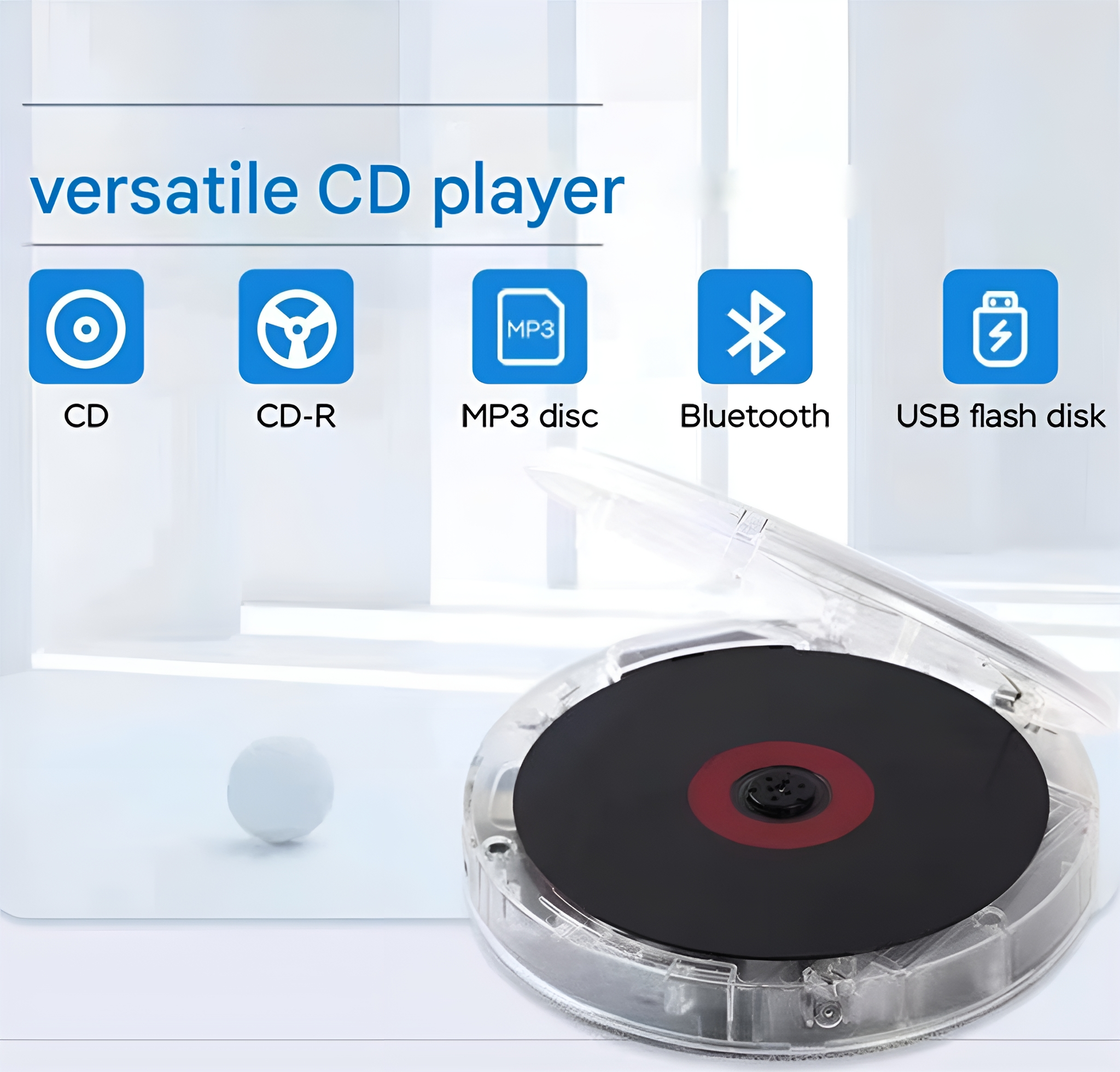 Ein vielseitiger CD-Player mit CD-, CD-R-, MP3-Disc-, Bluetooth- und USB-Flash-Disk-Symbolen.