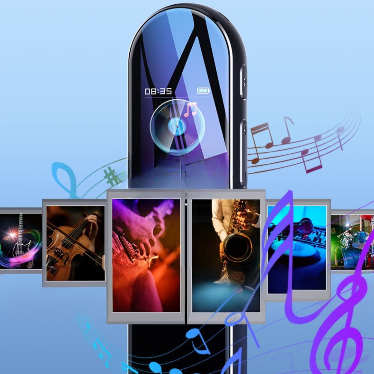 Ein schwarzer und blauer MP3-Player mit einem Bildschirm, der Musik und Bilder von Musikinstrumenten zeigt.