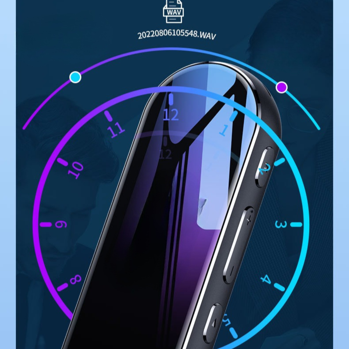 Nahaufnahme eines schwarz-blauen digitalen Sprachrekorders mit uhrähnlichem Design.