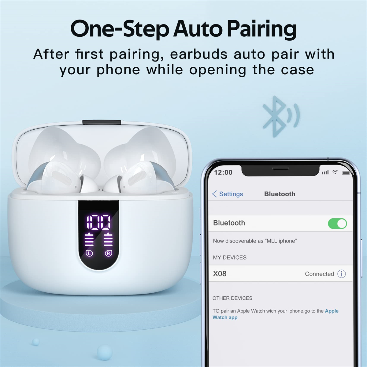 Weiße Ohrhörer mit Ladecase, verbunden mit einem Telefon, das Bluetooth-Einstellungen anzeigt. Text überlagert 'One-Step Auto Pairing'.
