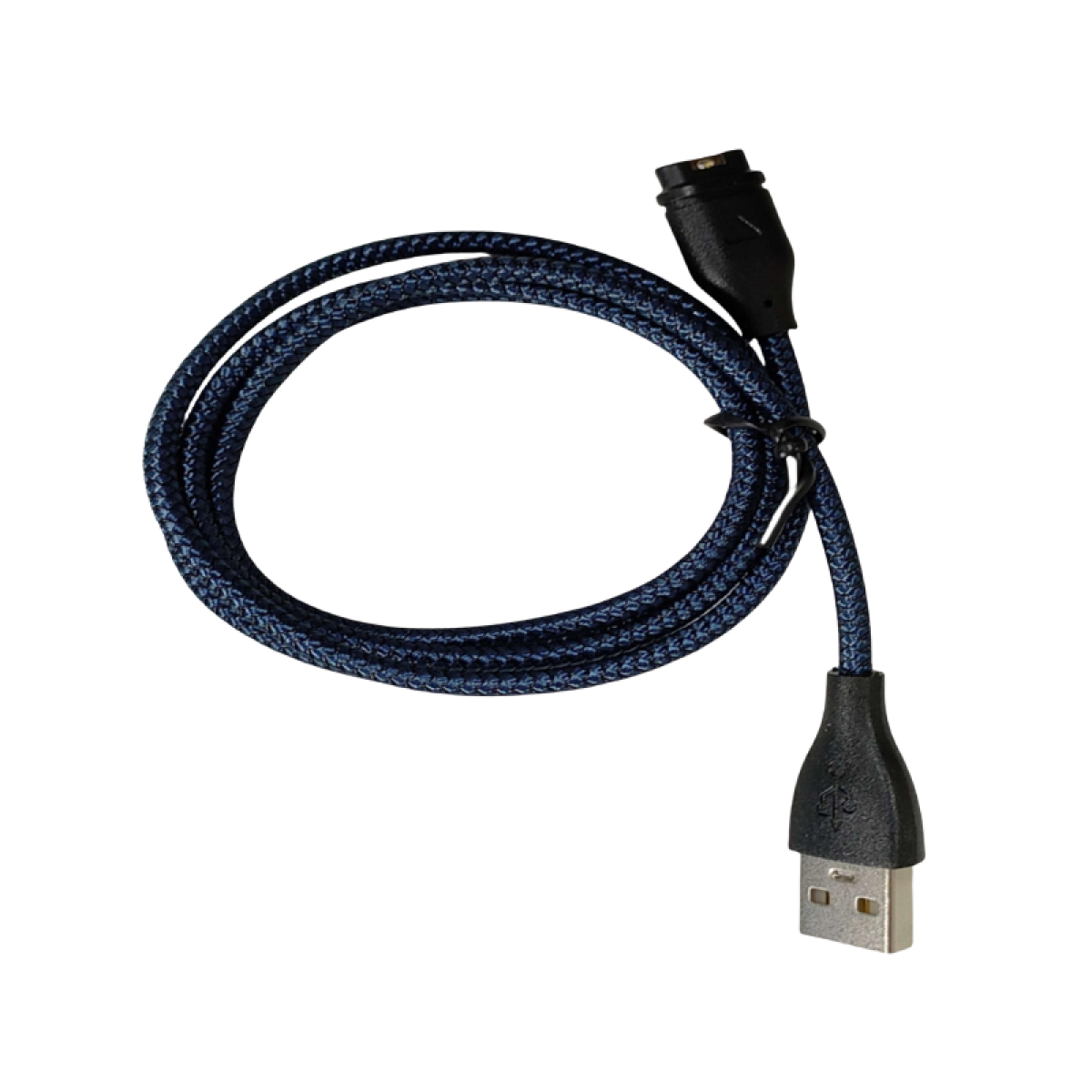 Blau-schwarzes USB-Kabel. Das Kabel ist aufgerollt. Es hat einen USB- und einen runden Stecker.
