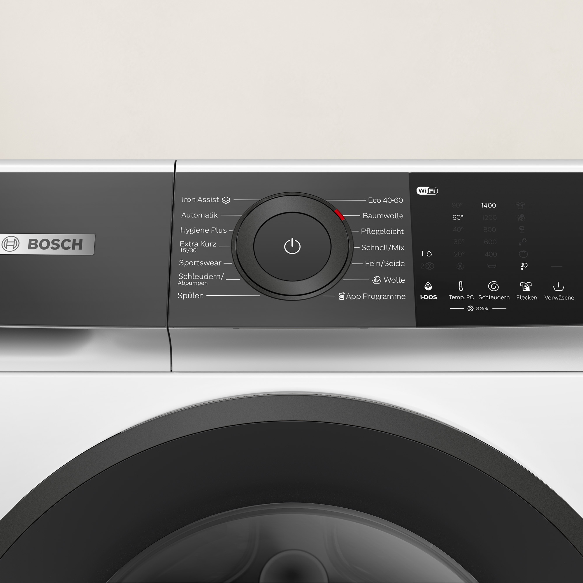 Pannello di controllo della lavatrice. Nero con manopola centrale e varie opzioni. Logo Bosch.