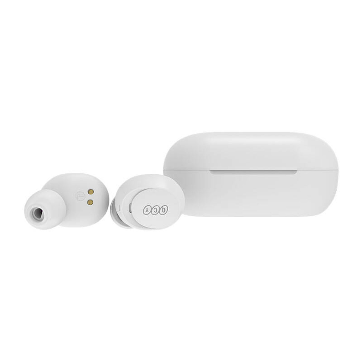 Weiße kabellose Ohrhörer mit Ladecase. Ohrhörer sind In-Ear-Stil, mit rundem Case.