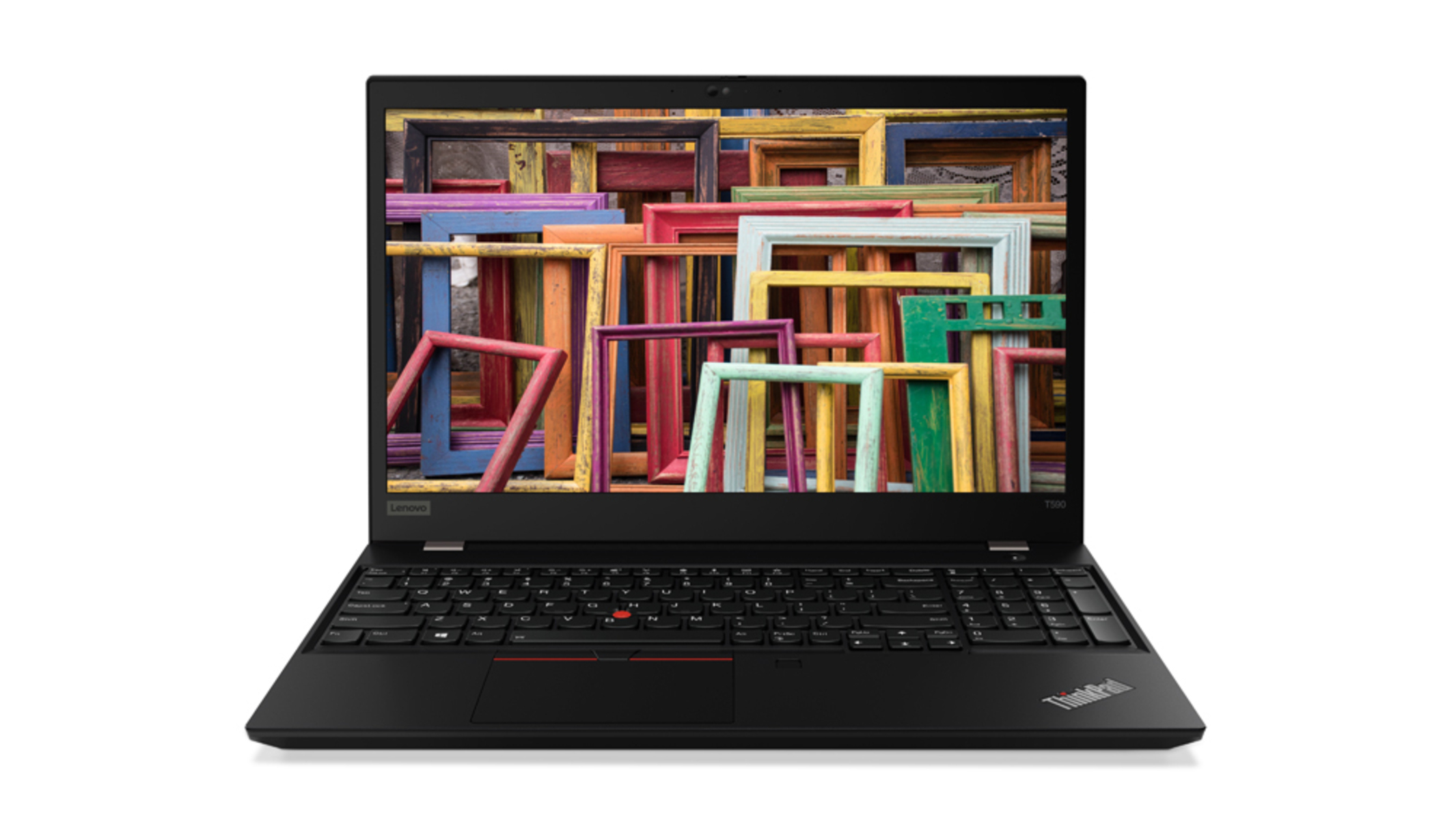 Schwarzer Laptop mit geöffnetem Bildschirm, der bunte Rahmen zeigt.
