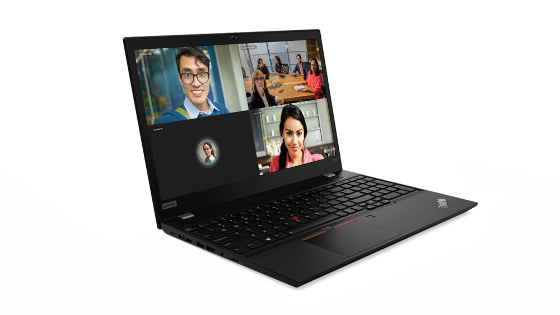 Ein schwarzer Lenovo-Laptop, der einen Videoanruf mit mehreren Personen zeigt. Der Laptop-Bildschirm zeigt die Teilnehmer des Anrufs.