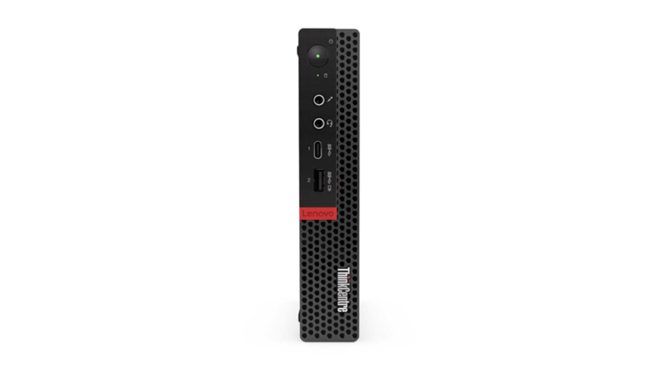 Lenovo ThinkCentre Desktop-Computer, schwarze Farbe, auf weißem Hintergrund.