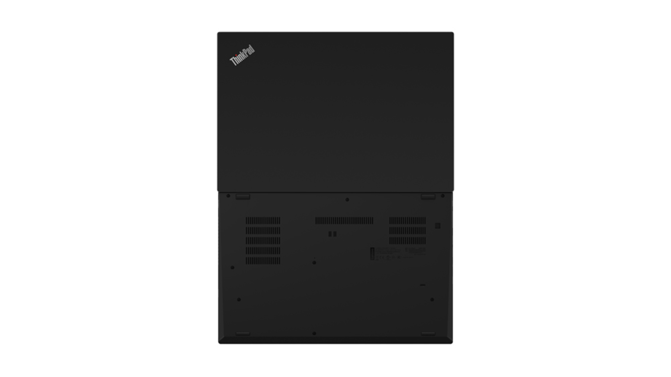 Ein schwarzer Laptop, geöffnet, zeigt die Tastatur und die Unterseite mit Lüftungslöchern.