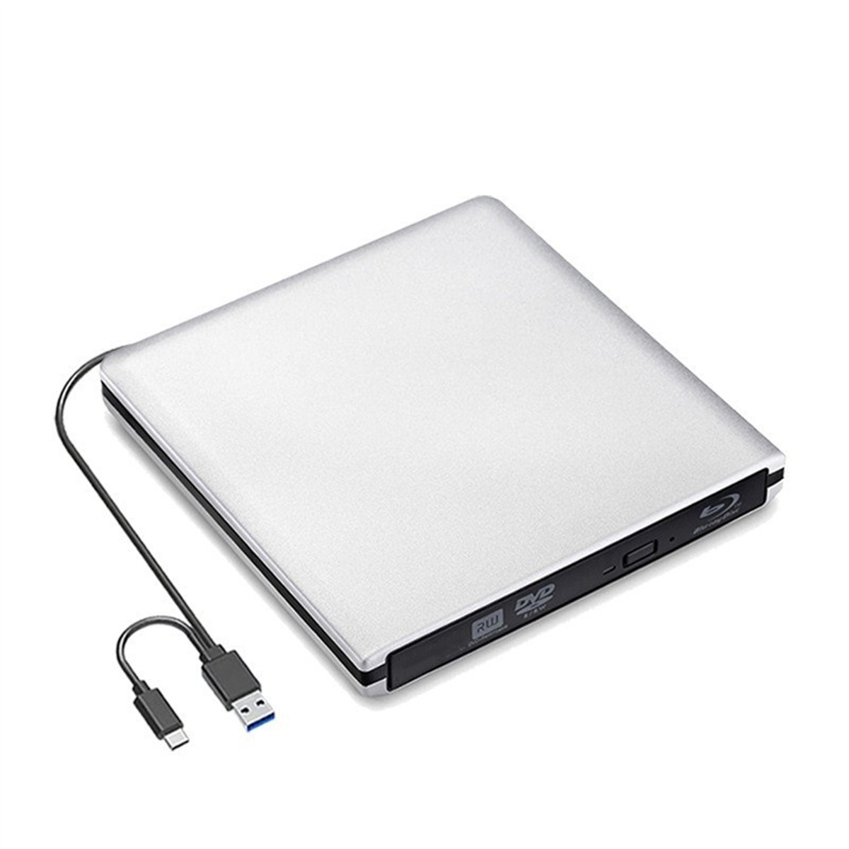 Ein silbernes externes DVD-Laufwerk mit einem USB-Kabel, weißer Hintergrund.