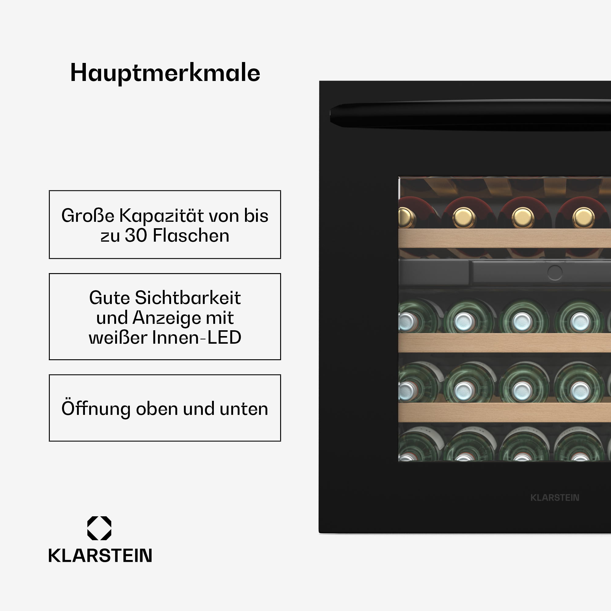 Ein schwarzer Weinkühler mit Textfeldern, die Merkmale beschreiben und dem Klarstein-Logo.