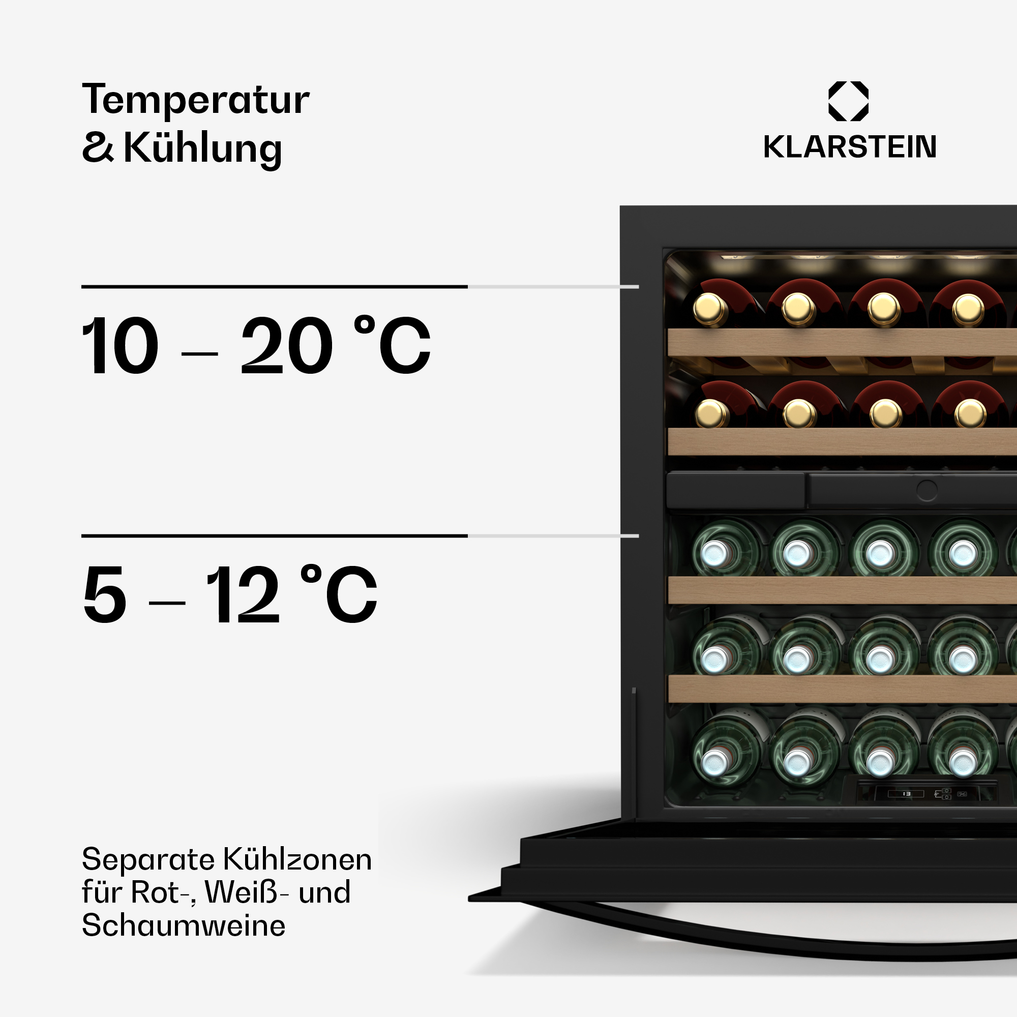 Weinkühler mit Flaschen, Temperaturangaben und Markenname Klarstein.
