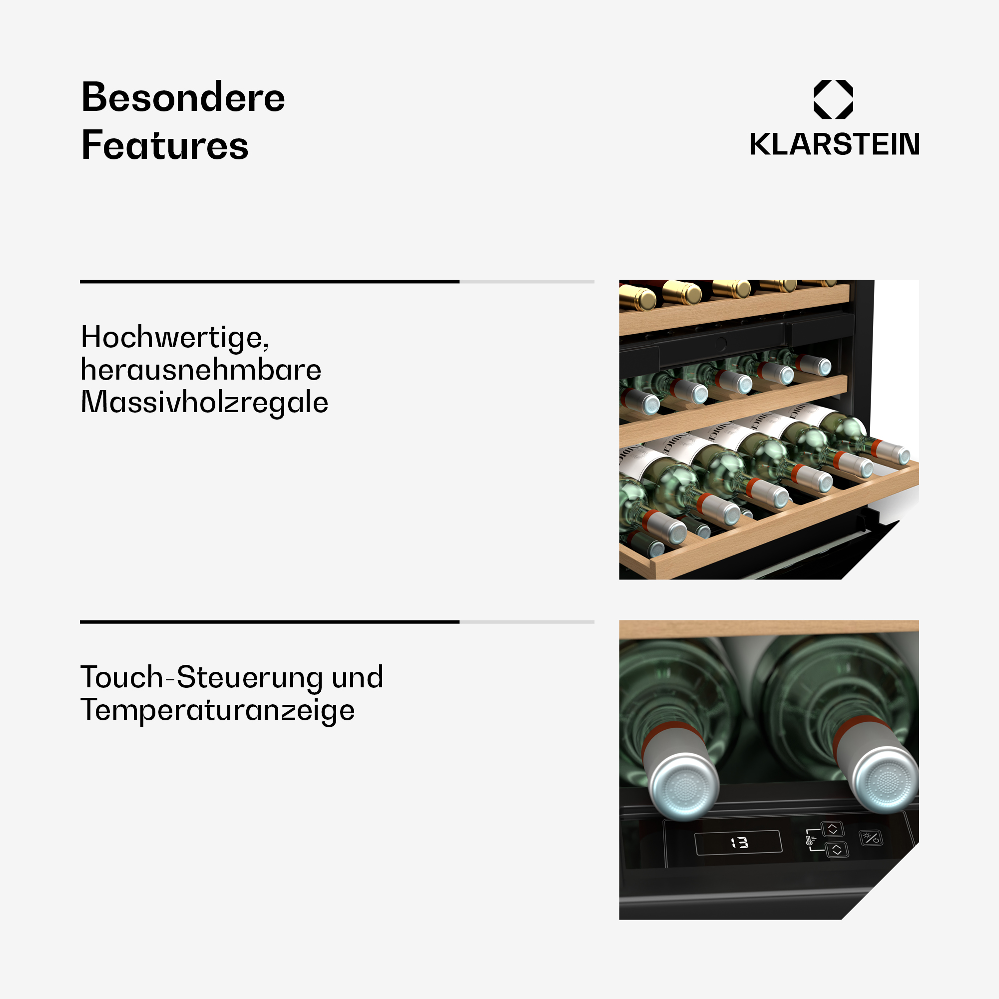 Ein Weinkühler mit Holzregalen und einem Bedienfeld, das die Temperatur anzeigt.