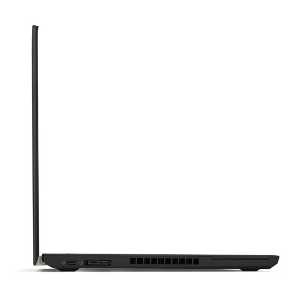 Eine Seitenansicht eines schwarzen Laptops mit Anschlüssen und einem Lüfter.