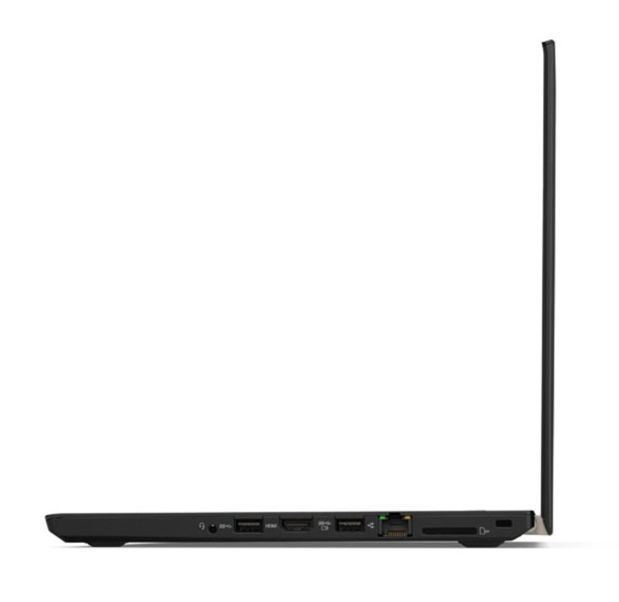 Seitenansicht eines schwarzen Laptops mit sichtbaren Anschlüssen.