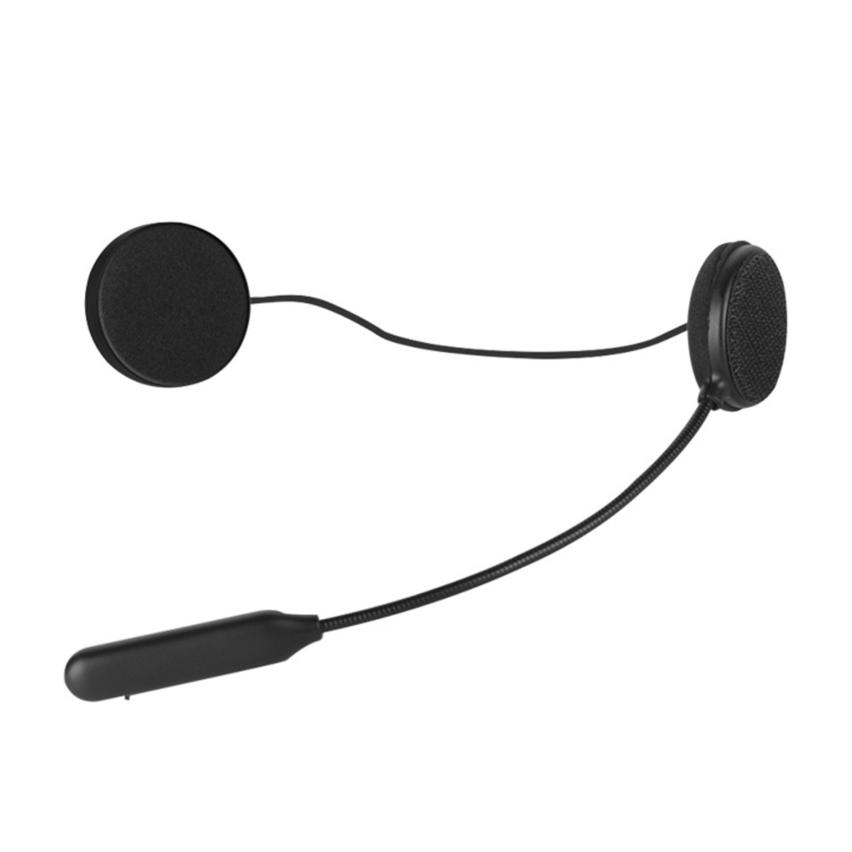 Schwarzes Motorradhelm-Headset, zwei Ohrmuscheln verbunden durch ein Kabel und ein Mikrofonarm.