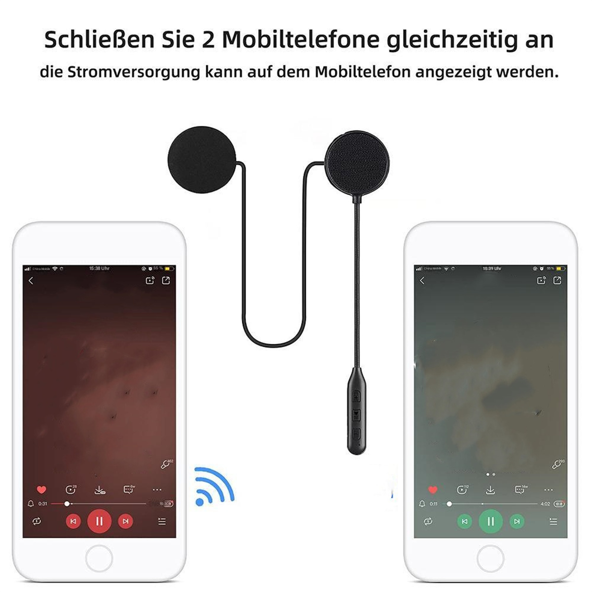 Zwei Telefone mit Headset, die gleichzeitiges Laden und Nutzung veranschaulichen.