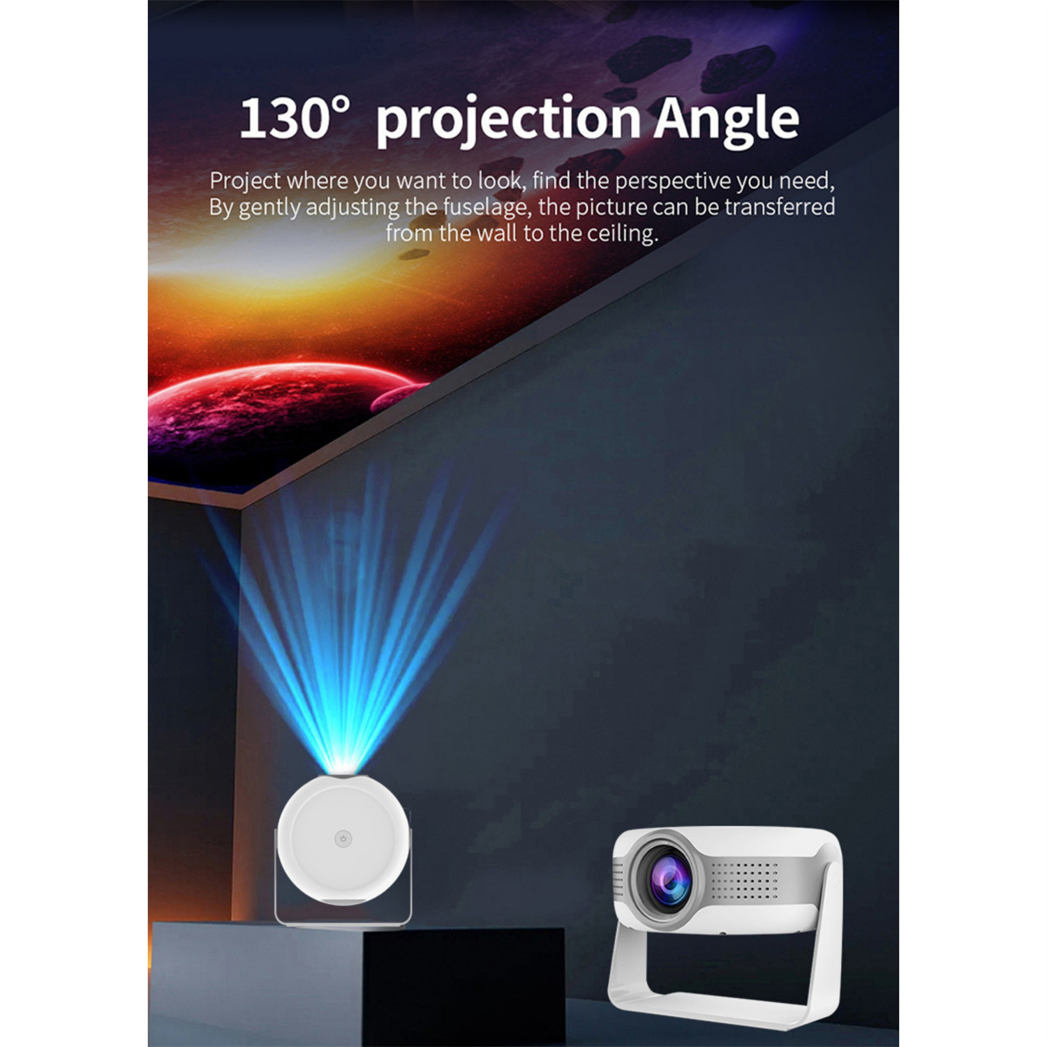 Projektor mit blauen Lichtstrahlen, Text über den Projektionswinkel und projiziertes Bild an einer Wand.