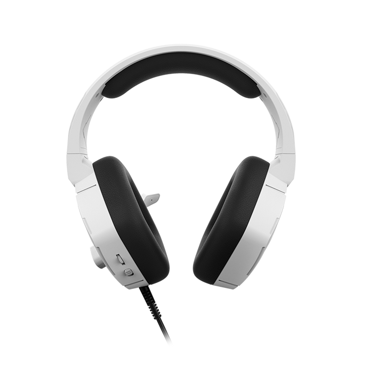 Białe słuchawki z czarnymi nausznikami i mikrofonem na czarnym tle. Widoczny kabel.