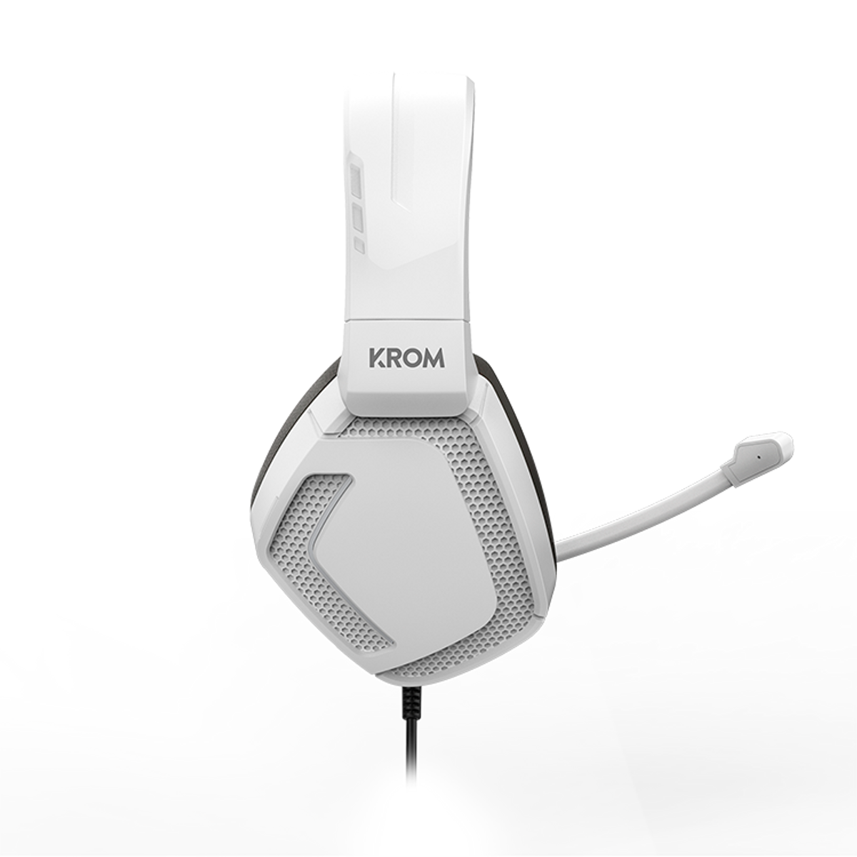 Biały zestaw słuchawkowy dla graczy z mikrofonem, widok z góry, czarne tło.